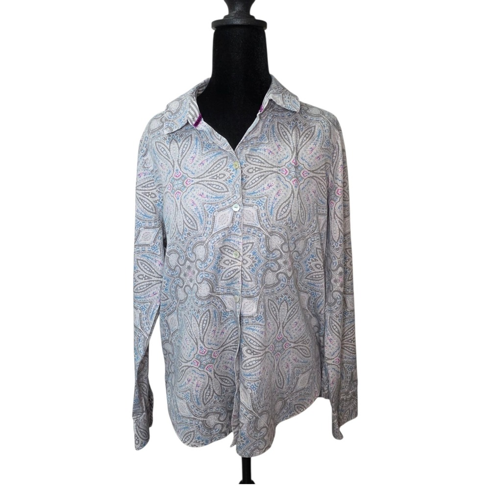 Paisley Button Down Blouse Womens 10 Wrinkle Free Career Office Shirt Cotton